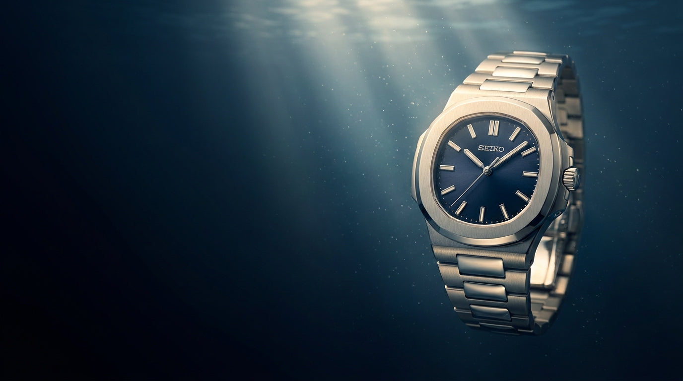 Montre Kaiyo à cadran navy, rayons de lumière dans les profondeurs